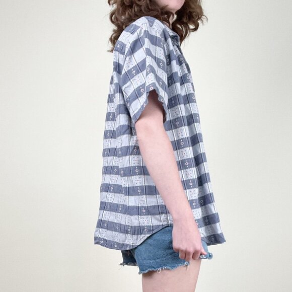 Vintage Woven Floral Embroidery Plaid Button Down Up Shirt Blouse Top Oversized - Picture 4 of 11